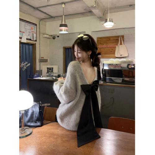韓系背影殺露背蝴蝶結套頭針織上衣女秋季寬松顯瘦灰色羊駝毛毛衣