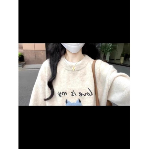 圓領貓咪毛衣女秋冬季2025新款寬松慵懶風加厚內搭套頭針織衫上衣