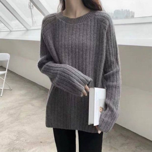 2025年春秋裝毛衣女中長款寬松外穿韓版圓領套頭針織打底衫上衣潮