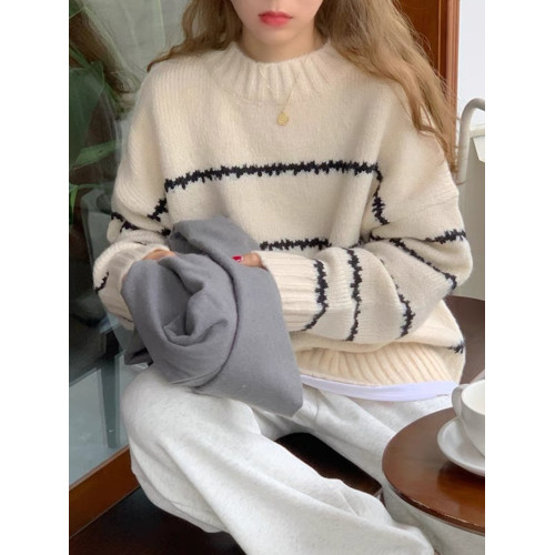 韓系軟糯慵懶風毛衣女秋冬季新款加絨加厚針織衫圓領套頭外穿上衣