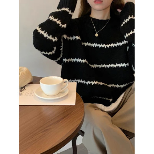 韓系軟糯慵懶風毛衣女秋冬季新款加絨加厚針織衫圓領套頭外穿上衣