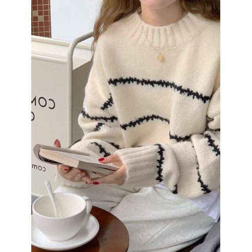 韓系軟糯慵懶風毛衣女秋冬季新款加絨加厚針織衫圓領套頭外穿上衣