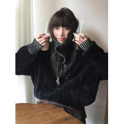 美式復古短款毛衣女秋季黑色水貂毛高領針織衫肌理感寬松撞色上衣