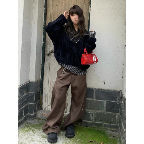 美式復古短款毛衣女秋季黑色水貂毛高領針織衫肌理感寬松撞色上衣