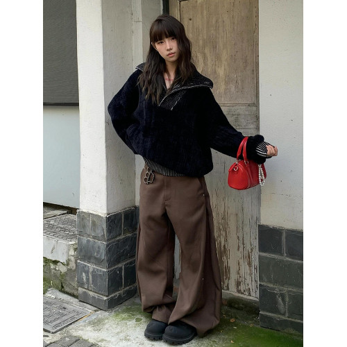 美式復古短款毛衣女秋季黑色水貂毛高領針織衫肌理感寬松撞色上衣