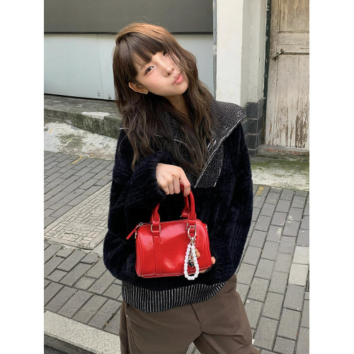 美式復古短款毛衣女秋季黑色水貂毛高領針織衫肌理感寬松撞色上衣