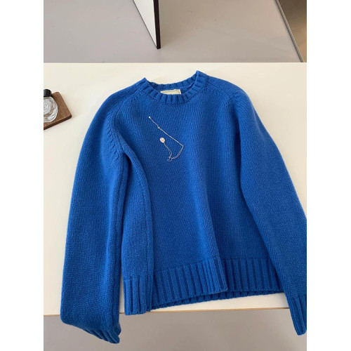 韓系圓領藍色毛衣女秋冬季新款寬松慵懶風軟糯針織衫內搭套頭上衣