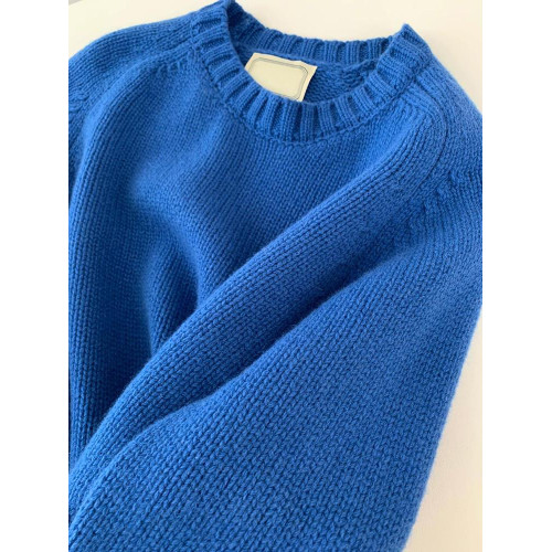 韓系圓領藍色毛衣女秋冬季新款寬松慵懶風軟糯針織衫內搭套頭上衣