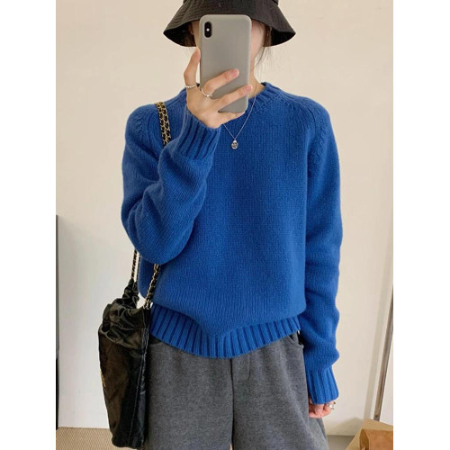 韓系圓領藍色毛衣女秋冬季新款寬松慵懶風軟糯針織衫內搭套頭上衣