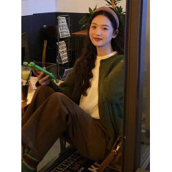 設計感小衆綠色開衫毛衣外套女春秋季2025新款慵懶風復古針織上衣