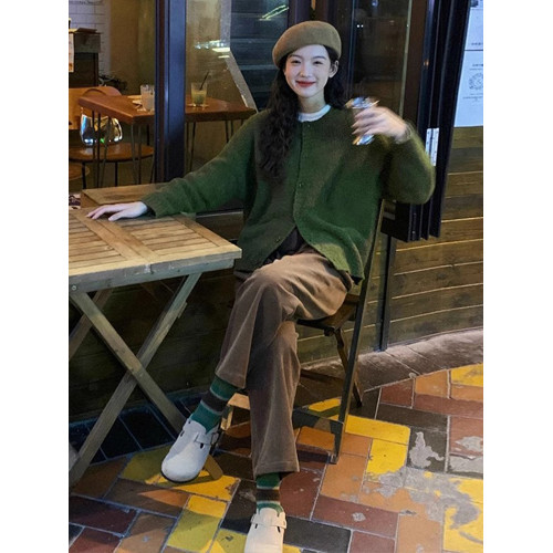 設計感小衆綠色開衫毛衣外套女春秋季2025新款慵懶風復古針織上衣