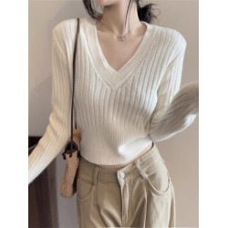 韓系簡約V領坑條短款毛衣女秋冬小個子修身顯瘦套頭外穿針織上衣