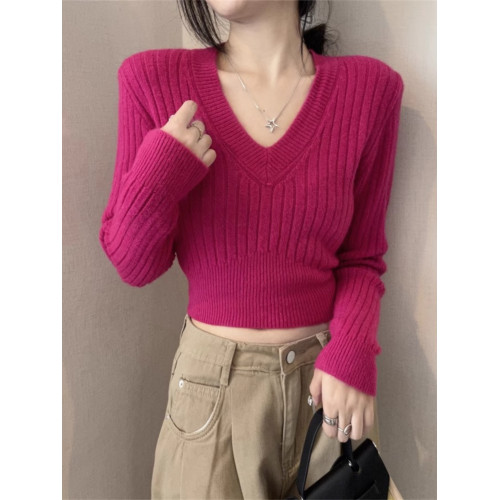 韓系簡約V領坑條短款毛衣女秋冬小個子修身顯瘦套頭外穿針織上衣