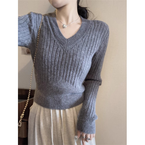 韓系簡約V領坑條短款毛衣女秋冬小個子修身顯瘦套頭外穿針織上衣