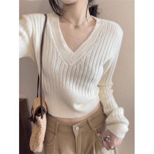 韓系簡約V領坑條短款毛衣女秋冬小個子修身顯瘦套頭外穿針織上衣