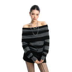 BIGGOLD韓系撞色一字肩毛衣女秋冬慵懶感辣妹露肩顯瘦針織衫上衣