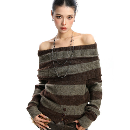 BIGGOLD韓系撞色一字肩毛衣女秋冬慵懶感辣妹露肩顯瘦針織衫上衣