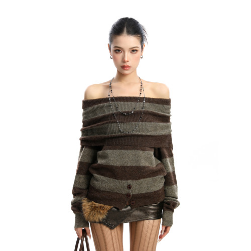 BIGGOLD韓系撞色一字肩毛衣女秋冬慵懶感辣妹露肩顯瘦針織衫上衣