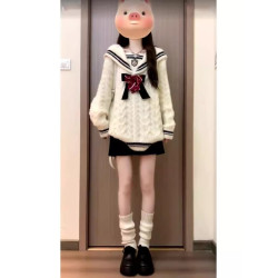 小個子甜酷學院風蝴蝶結海軍領毛衣女秋冬寬松慵懶針織衫麻花上衣