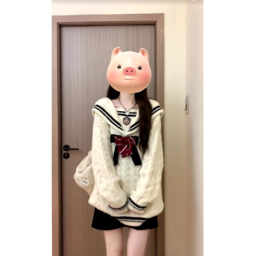 小個子甜酷學院風蝴蝶結海軍領毛衣女秋冬寬松慵懶針織衫麻花上衣
