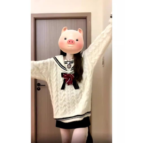 小個子甜酷學院風蝴蝶結海軍領毛衣女秋冬寬松慵懶針織衫麻花上衣