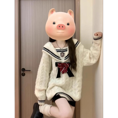 小個子甜酷學院風蝴蝶結海軍領毛衣女秋冬寬松慵懶針織衫麻花上衣