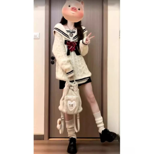 小個子甜酷學院風蝴蝶結海軍領毛衣女秋冬寬松慵懶針織衫麻花上衣