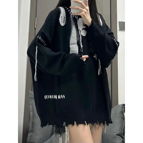 美式復古毛衣女秋冬裝設計感街頭寬松顯瘦針織衫vintage破洞上衣