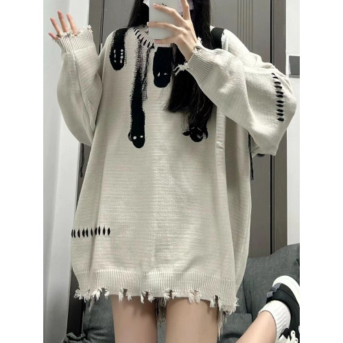 美式復古毛衣女秋冬裝設計感街頭寬松顯瘦針織衫vintage破洞上衣