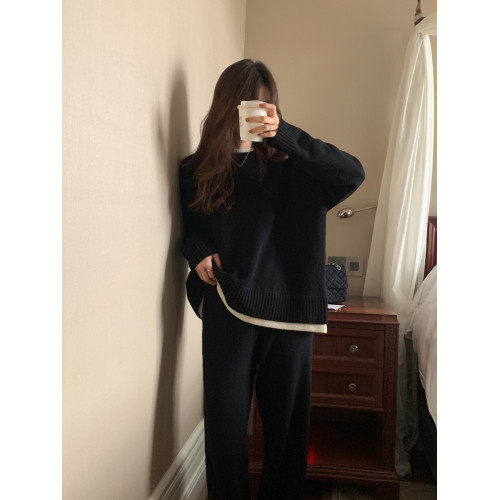 燕麥色假兩件毛衣兩件套裝慵懶風打底女秋冬上衣內搭奶茶色針織衫