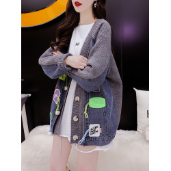 設計感牛仔拼接毛衣開衫2022年新款秋冬寬松慵懶風針織外套上衣