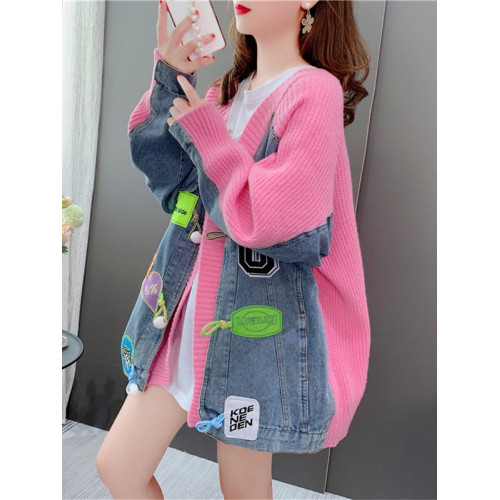 設計感牛仔拼接毛衣開衫2022年新款秋冬寬松慵懶風針織外套上衣