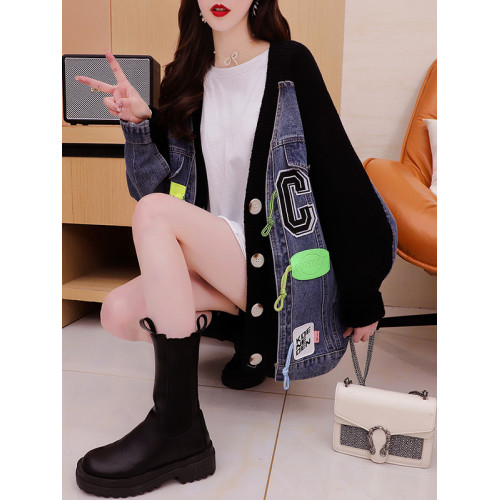 設計感牛仔拼接毛衣開衫2022年新款秋冬寬松慵懶風針織外套上衣