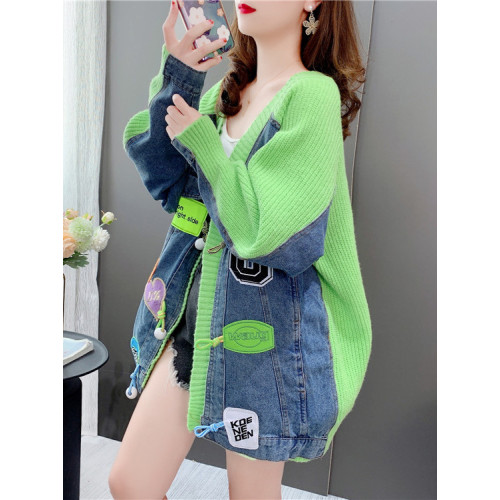 設計感牛仔拼接毛衣開衫2022年新款秋冬寬松慵懶風針織外套上衣