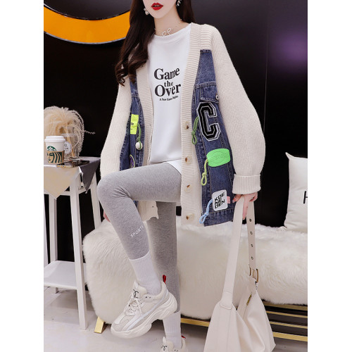 設計感牛仔拼接毛衣開衫2022年新款秋冬寬松慵懶風針織外套上衣