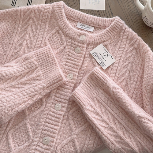 復古麻花 溫柔櫻花粉 古著感奶油杏 針織毛衣開衫 K