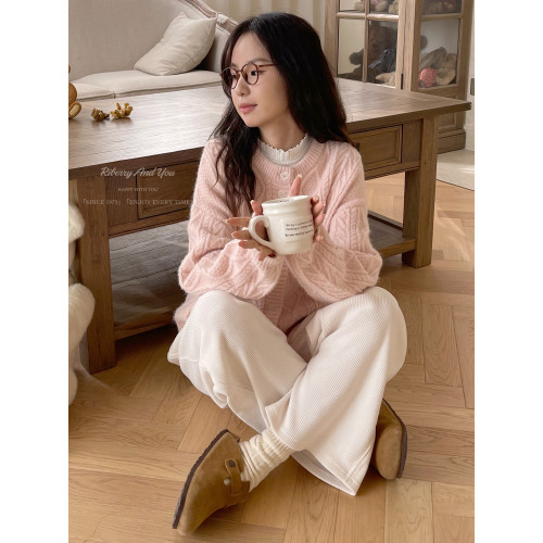 復古麻花 溫柔櫻花粉 古著感奶油杏 針織毛衣開衫 K