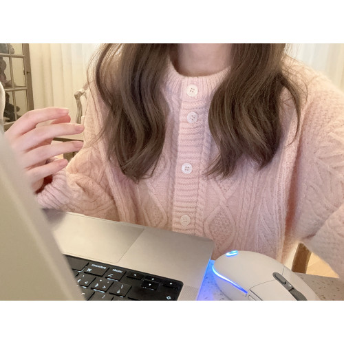 復古麻花 溫柔櫻花粉 古著感奶油杏 針織毛衣開衫 K