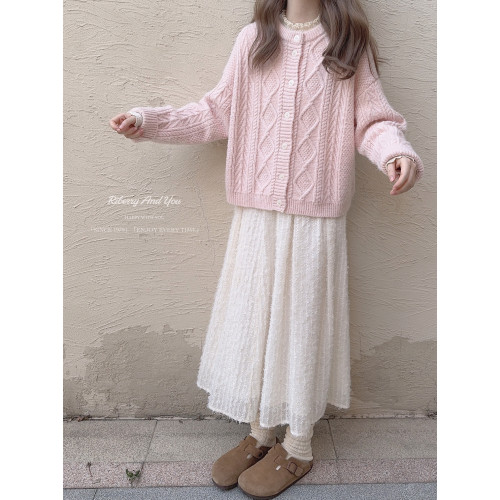 復古麻花 溫柔櫻花粉 古著感奶油杏 針織毛衣開衫 K