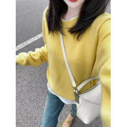 黃色圓領針織毛衣女秋冬新款寬松顯瘦韓版小衆設計感氣質百搭上衣