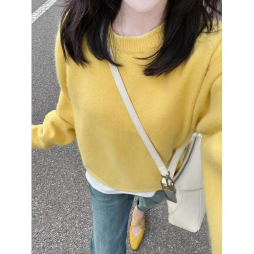 黃色圓領針織毛衣女秋冬新款寬松顯瘦韓版小衆設計感氣質百搭上衣