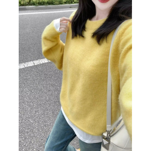 黃色圓領針織毛衣女秋冬新款寬松顯瘦韓版小衆設計感氣質百搭上衣