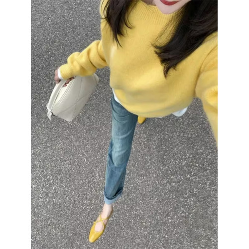 黃色圓領針織毛衣女秋冬新款寬松顯瘦韓版小衆設計感氣質百搭上衣