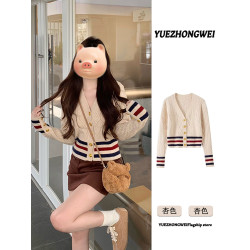 小香風撞色V領條紋麻花開衫毛衣女秋冬季慵懶風修身內搭針織外套