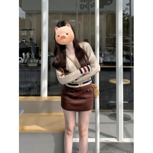 小香風撞色V領條紋麻花開衫毛衣女秋冬季慵懶風修身內搭針織外套