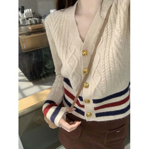 小香風撞色V領條紋麻花開衫毛衣女秋冬季慵懶風修身內搭針織外套