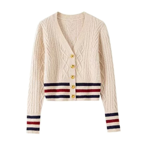 小香風撞色V領條紋麻花開衫毛衣女秋冬季慵懶風修身內搭針織外套