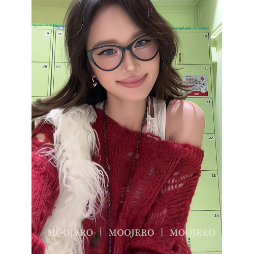 紅色鏤空破洞斜肩毛衣女秋季寬松慵懶風純欲外搭針織罩衫套頭上衣