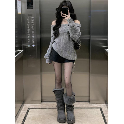 2025秋冬新款慵懶風寬松一字肩針織衫女灰色毛衣洋氣時髦露肩上衣