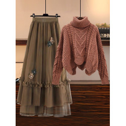 高領麻花毛衣女秋季新款寬松顯瘦韓版設計感小衆高腰半身裙兩件套